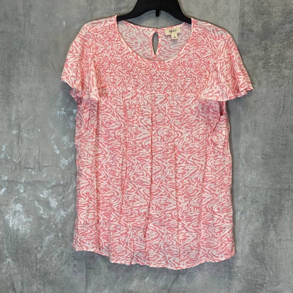 STYLE & CO Women's Pink Zebra-Print Crewneck Smoked Yoke Flutter Short Sleeve